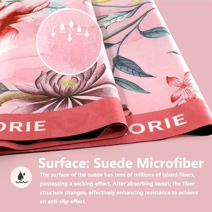 Hot Yoga Mat Towel – Non-Slip, Absorbent & Lightweight Yoga Mat Towel, 72"x26.7", Ultra-Thin 0.04", Floral Design, Microfiber & Rubber, Foldable, Perfect for Hot Yoga, Pilates & Gym