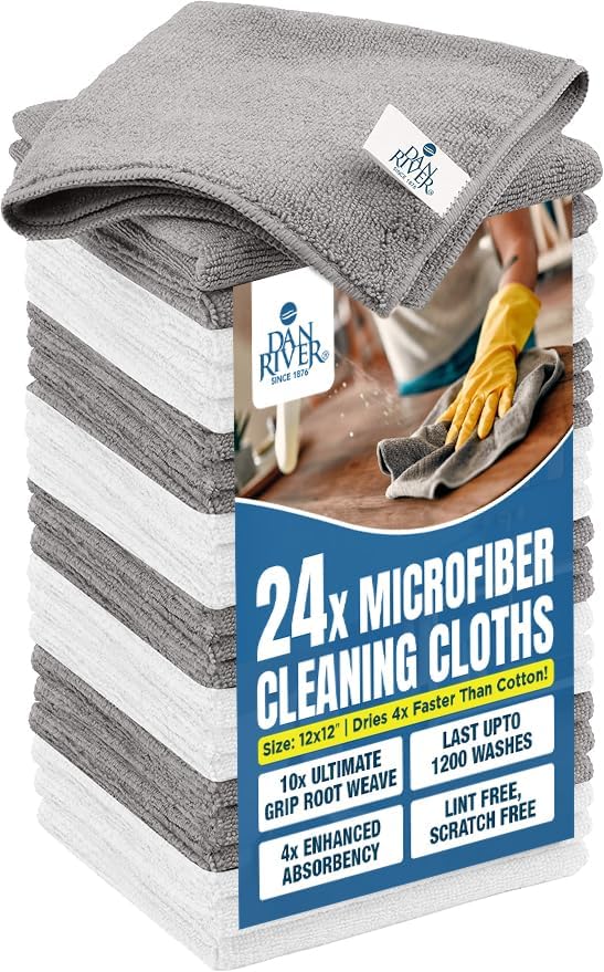 DAN RIVER 24-Pack Microfiber Towels โ Ultra Absorbent, lint Free Cloth & Streak-Free for Home, Car & Kitchen - Must-Have Cleaning Essentials - 12" x 12" - Gray White