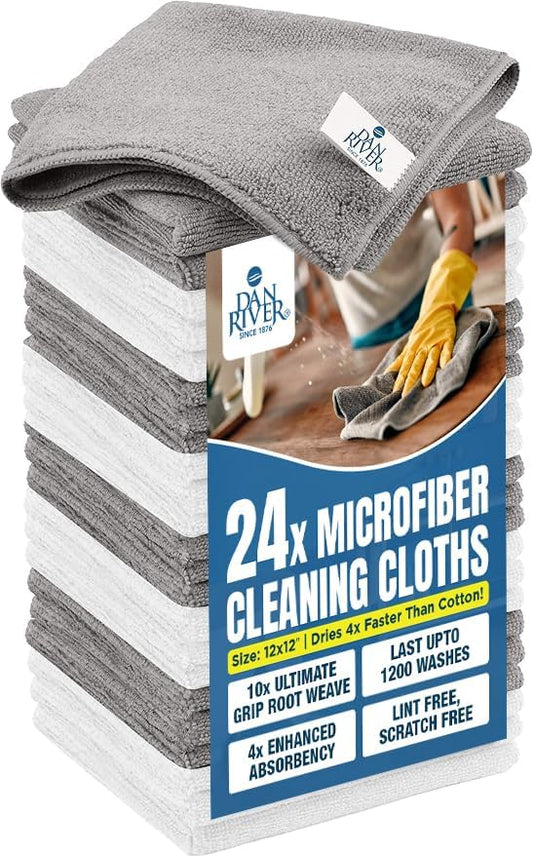 DAN RIVER 24-Pack Microfiber Towels – Ultra Absorbent, lint Free Cloth & Streak-Free for Home, Car & Kitchen - Must-Have Cleaning Essentials - 12" x 12" - Gray White