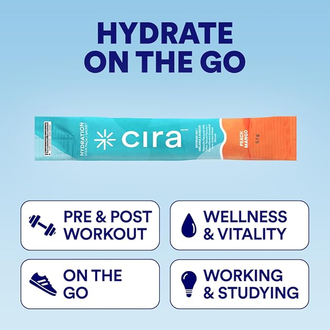 Cira Hydration Stick Packs Electrolyte Powder & Drink Mix for On-The-Go Dehydration Relief & Recovery - Peach Mango, 20 Servings