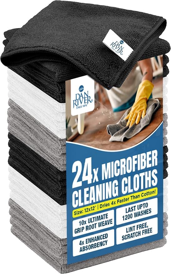 DAN RIVER 24-Pack Microfiber Towels โ Ultra Absorbent, Lint-Free & Streak-Free Kitchen Rags Cleaning for Home, & Car - Must-Have Cleaning Essentials - 12" x 12" - Gray White Black