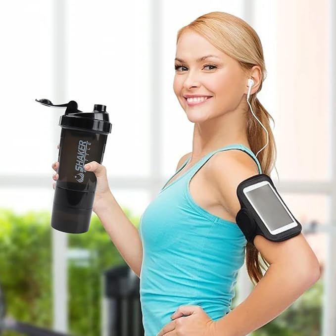 Shaker Bottle - Protein Shaker Cup with Storage Compartments - Leak-proof Workout Shake Bottles with Mixer for Smooth Mixing-500ML/16oz (PURE BLACK)