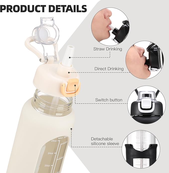 32 oz Glass Water Bolttles with Straw Large Motivational Water Bottle with Time Marker Sports Water Bottles with Silicone Sleeve and Handle Lid Water Jug for Gym Workout
