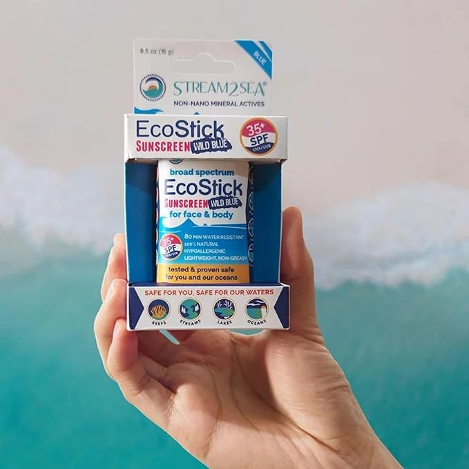 STREAM2SEA EcoStick SPF 35 Mineral Sunscreen Stick, Sweat Water Resistant Sunblock, USDA Approved Biodegradable Paraben Free Reef Safe Sunscreen Protection Against UVA UVB (EcoStick WildBlue) - 0.5 oz