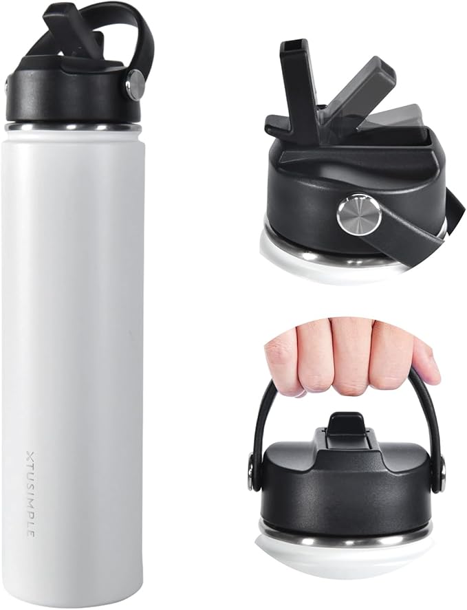 24oz Insulated Travel Water Bottle - Stainless Steel, Leakproof - Keep Hot for 12hrs & Cold for 30hrs - for Outdoors, Sports, Bike, Gym, Marathon - Gift for Women, Men (White)