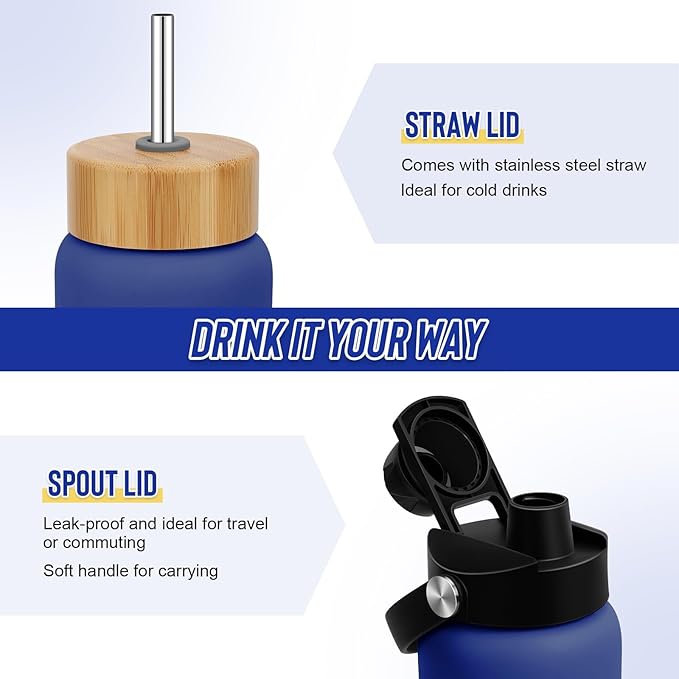 32 oz Glass Water Bottles - 1 Liter Motivational Tumbler Water Bottle Time Marker - Borosilicate Glass Water Bottle With Silicone Sleeve and 2 Lids, Handle Spout & Bamboo Straw Lid