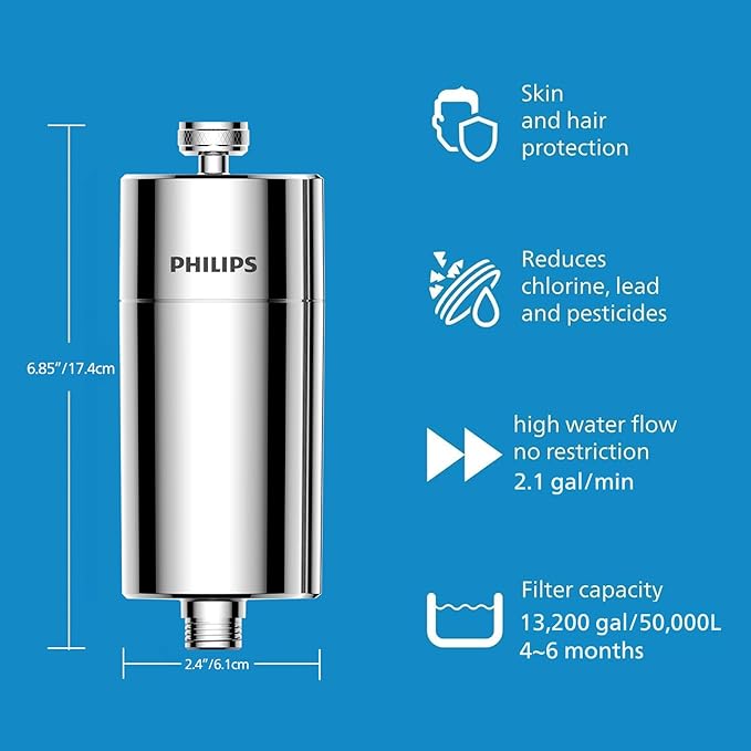 Philips Shower Filter, Water Softener for Hard Water Shower Head Filtration with Double Mesh & NSF Certified KDF Material, Reducing Chlorine/Impurities/Rust Sediments for Handheld Showerhead AWP1775CH