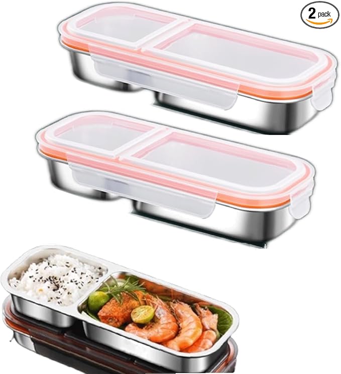 Stainless Steel Snack Containers,2Pack Reusable Double/2 Compartment Snack Containers with Lids, Divided Food Storage Containers Sauce Cups for School, Travel,Home(Double Compartment)