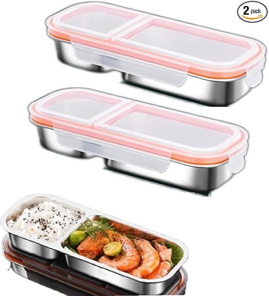 Stainless Steel Snack Containers,2Pack Reusable Double/2 Compartment Snack Containers with Lids, Divided Food Storage Containers Sauce Cups for School, Travel,Home(Double Compartment)