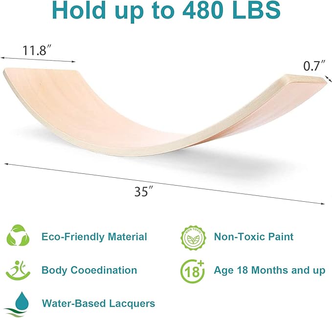 WOOD CITY Wobble Board, Wooden Balance Board Kids for Toddlers & Adults, Curvy Rocker Board for Yoga and Exercise Indoor & Outdoor, Open Ended Learning Toy Gift