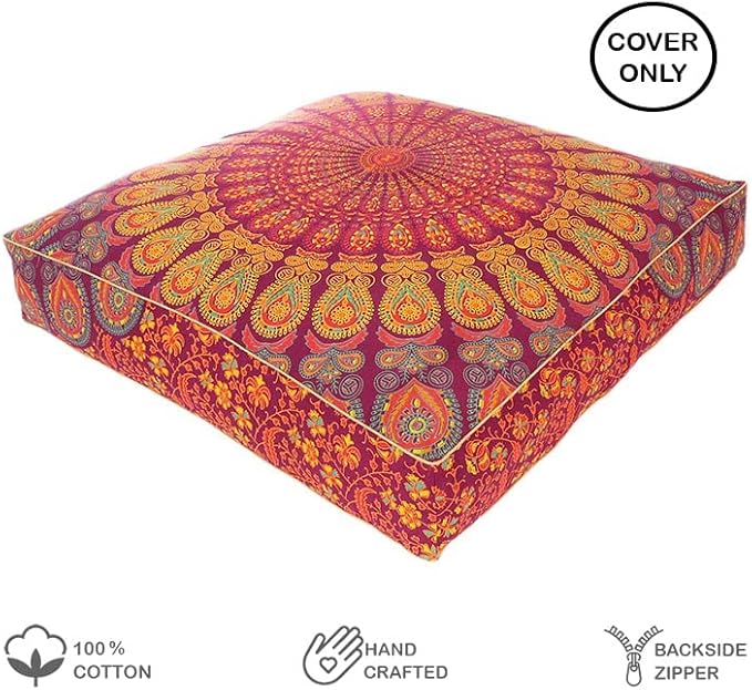 Eyes of India - Mandala Floor Pillow Cover Meditation Cushion Seating Throw Hippie Round Colorful Decorative Bohemian Indian Pouf Ottoman Handmade Cover ONLY (Burgundy, 35" x 35")