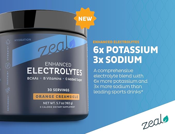 Zeal Electrolyte Powder Recovery Drink (30 Servings | Orange Creamsicle) w 0 Sugar +BCAAs +B-Vitamins Electrolyte Supplement w Potassium Zinc & Magnesium for Hydration - Keto Electrolytes