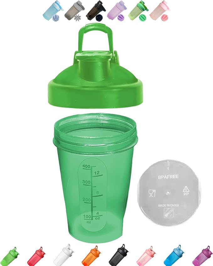 Shaker Bottle Forest Green(Other Color-Style Available)>A Small Cup Printed Scale Marks of 12 OZ & 400 ML,Stainless Whisk,Leak Proof,BPA Free,Made of PP5,Dishwasher Safe,Easy to Clean.