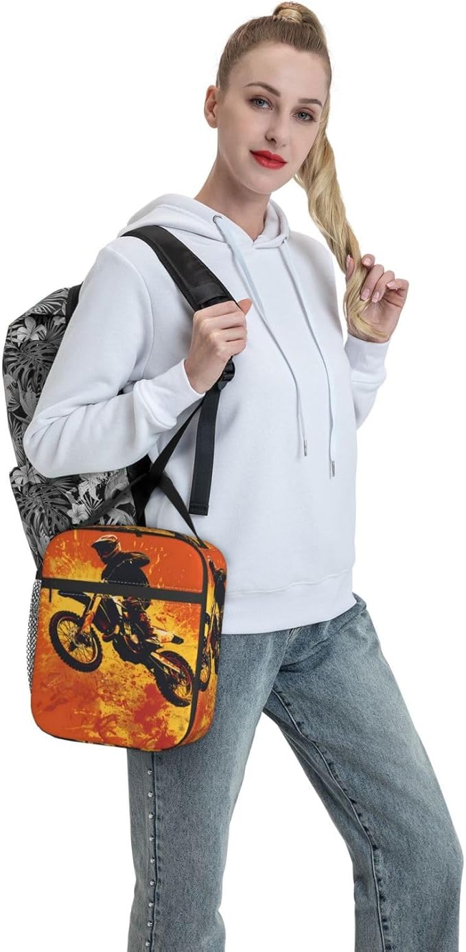 Insulated Lunch Box for Women Men, Dirt Bike Motorcycle Theme Lunch Box Reusable Portable Lunch Bag Cooler Tote Waterproof Lunch Container for Office Picnic Work Travel