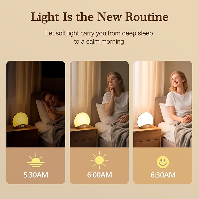 REACHER Wood Grain Sunrise Alarm Clock and Sound Machine Nightlight, Digital Dimmable Clock for Bedroom, 26 Sleep Sounds, White Noise Machine for Baby, Adults, Wake Up Light Alarm Clock for Kids