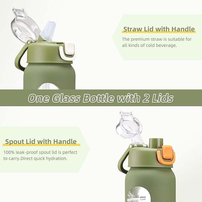 32 oz Glass Water Bottles with 2 Lids-Handle Spout Lid & Straw Lid, 1 Liter Motivational Borosilicate Water Bottle with Time Marker and Silicone Sleeve,Leakproof-Army Green-1 Pack