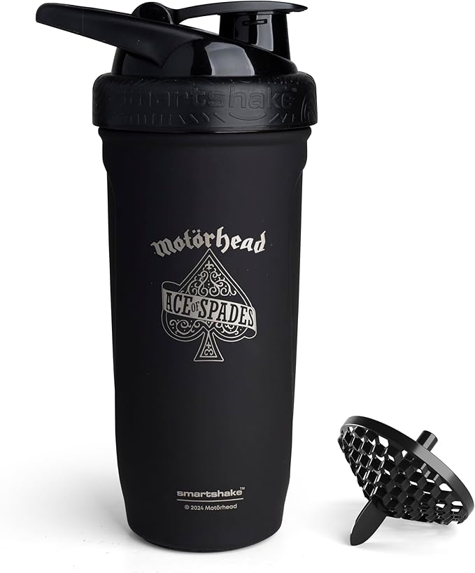 Smartshake Rockband Reforce Stainless Steel Protein Shaker Bottle 900 ml | 30 oz - Leakproof Screw-on Lid - BPA Free – Unisex (Motörhead, Ace of Spades Logo)