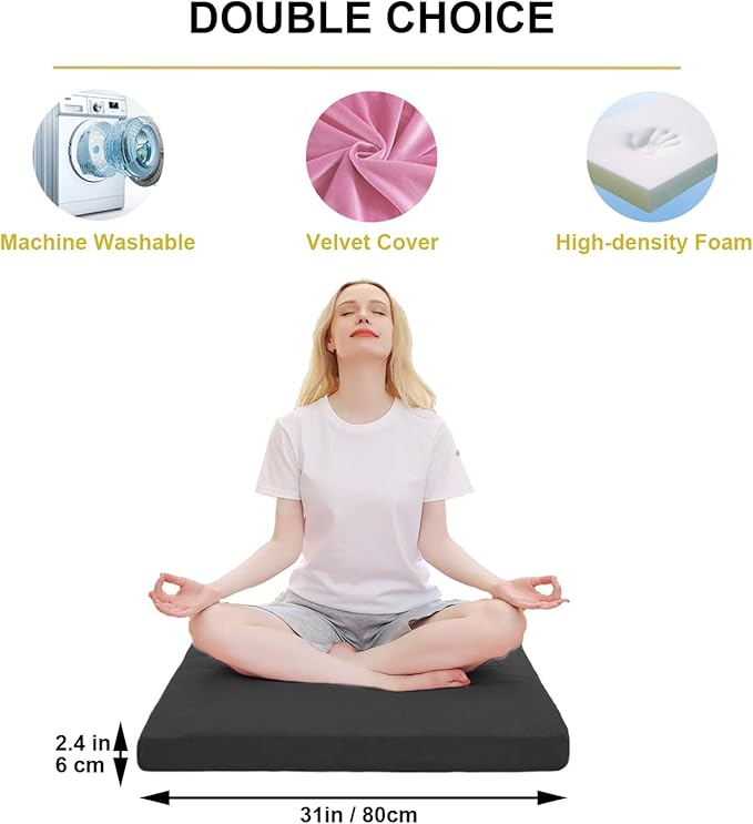 Velvet Zabuton Meditation Mat, 31 * 31 inches, Yoga Meditation Cushion Floor (Black)