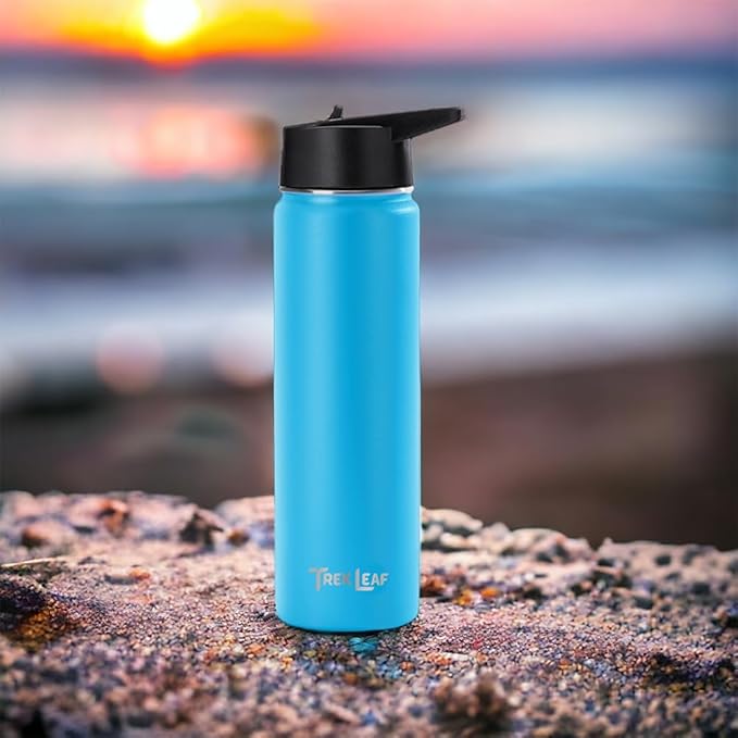 Travel Water Bottle with 3 Lids (Spout, Straw, Flip) Leak Proof, Quality, Vacuum Insulated, Stainless Steel (Ocean Blue, 22 oz)