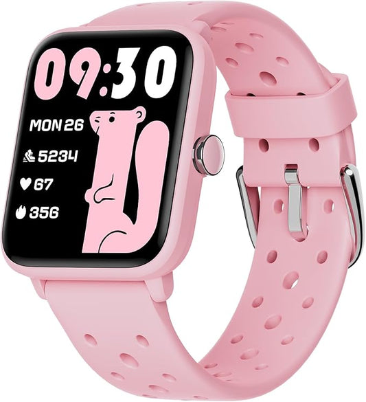 BIGGERFIVE Smart Watch for Kids Without APP, Fitness Tracker Watch Pedometer, Heart Rate, 5ATM Waterproof, Sleep Monitor, Calorie Step Counter, Games, Alarm Clock for Girls 5-14, Porous Pink