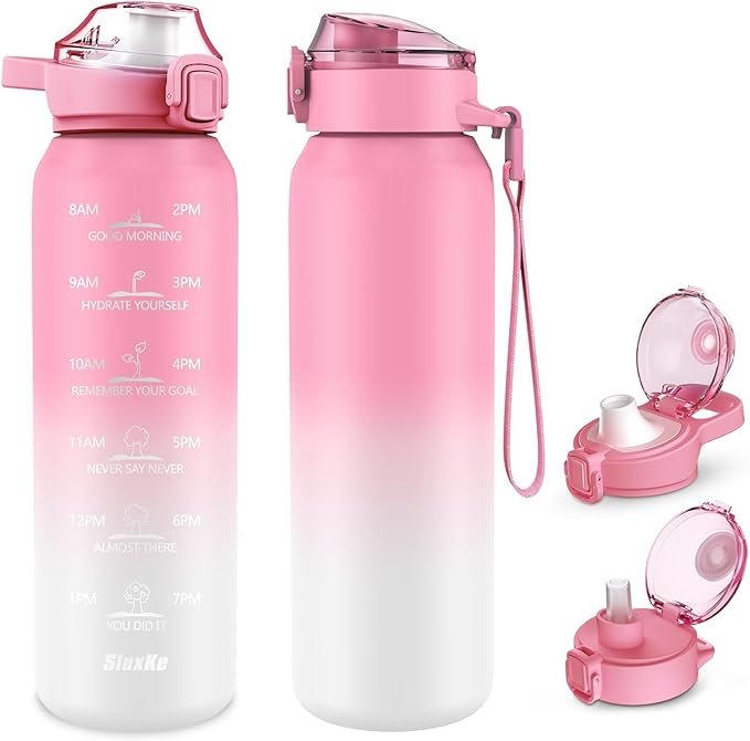 24oz Insulated Water Bottle with Straw and Spout Lids, 18/10 Stainless Steel 700ml Double Wall Vacuum Sports Water Jug, Leakproof Hydro Cup Flask for Men, Women & Kids PINK WHITE