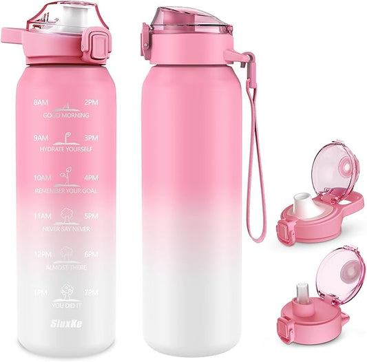 24oz Insulated Water Bottle with Straw and Spout Lids, 18/10 Stainless Steel 700ml Double Wall Vacuum Sports Water Jug, Leakproof Hydro Cup Flask for Men, Women & Kids PINK WHITE