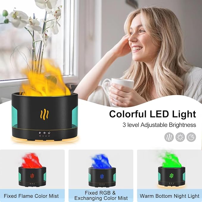 Oil Diffusers for Home Large Room, 450ml Air Humidifier with Bluetooth Speaker, White Noise and Remote, Flame Humidifier for Bedroom, Office, 7 Colors Diffuser Gifts