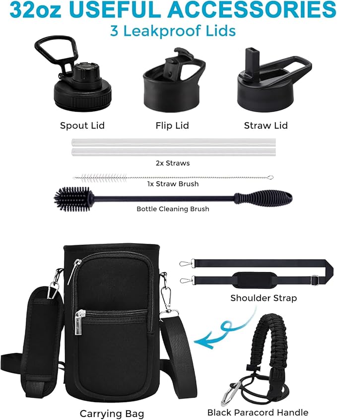 Travel Water Bottle with Carrying Bag, 3 Lids (Spout, Straw, Flip), and Bottle Brush; Leak Proof, Quality, Vacuum Insulated, Stainless Steel (Ocean Blue, 32 oz)