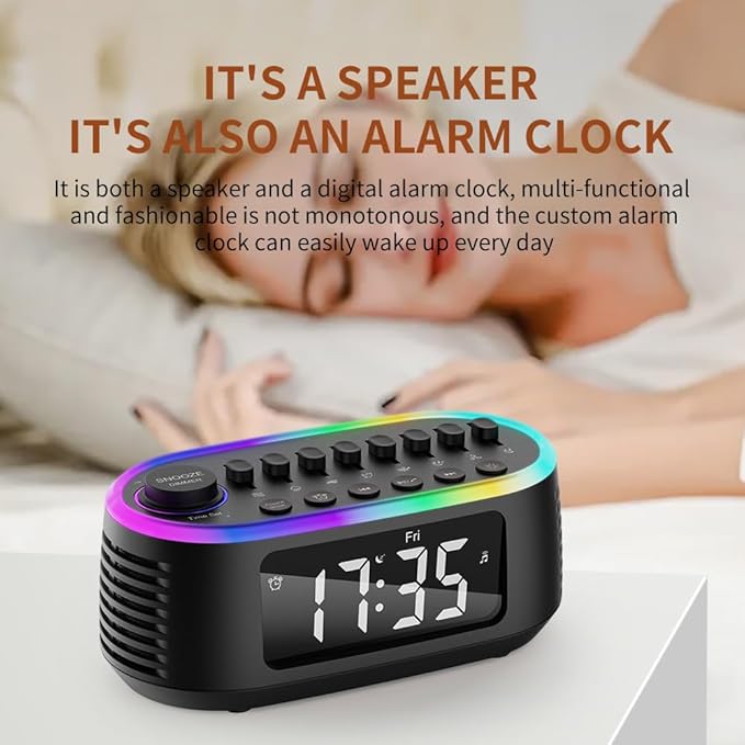 White Noise Machine Bluetooth Speaker, Digital Alarm Clock Sleep Timer with LED Display RGB Night Light, Soothing Natural Sleeping Sound Machine for Baby, Kids, Adults, Bedrooms (Black)