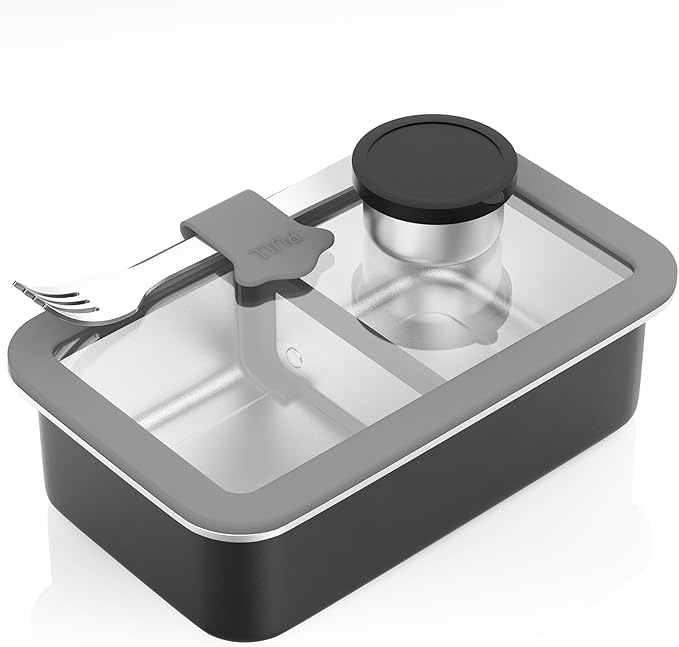 Stainless Steel Bento Box for Adult, 42oz Leak-Proof Lunch Box Containers with Adjustable Divider, Microwave-Safe, Metal Lunchbox with Glass Lid for Work Travel, Black