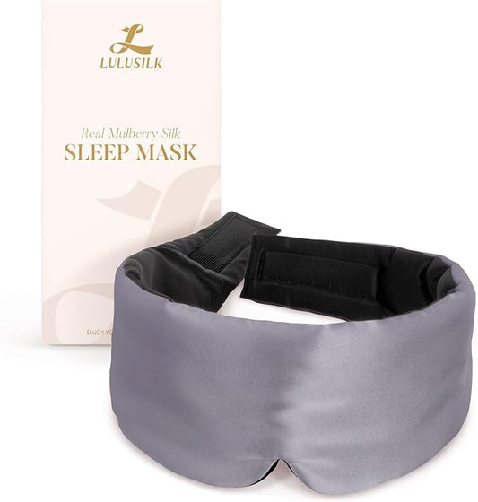 LULUSILK Reversible Mulberry Silk Sleep Mask for Women and Men, Adjustable Real Silk Eye Mask for Sleeping, Grey and Black, Pack of 1