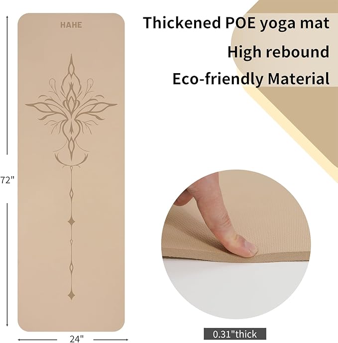 HAHE Yoga Mat Thick (8MM,1/3"), Eco-Friendly POE Non Slip Yoga Mat, High Rebound & Shock Absorption, Anti-Tear & Sweat-Resistant for Yoga, Fitness, Home, Workouts, Large Pilates Mats 72"x24" with Carrying Strap