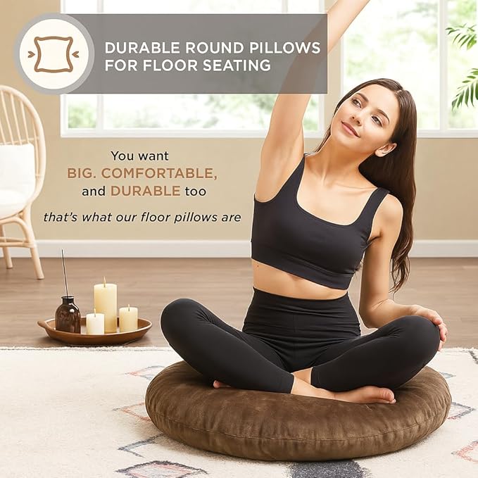Codi Meditation Cushions Set of 2 – Large Round Floor Pillows for Adults with Removable Washable Cover, Soft and Supportive Floor Cushion for Yoga, Seating and Dog Bed, 32 inch - Coffee