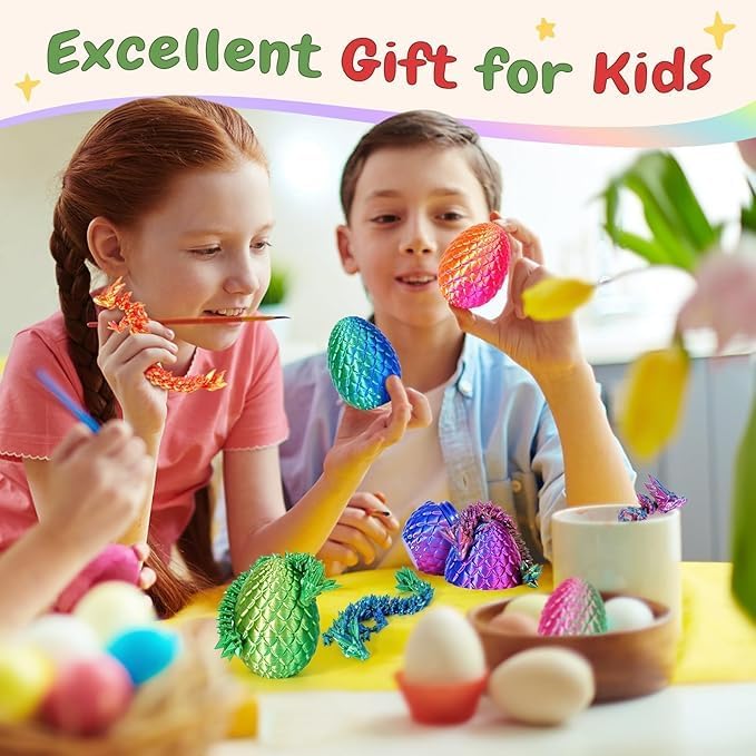 4 Pcs 3D Printed Dragon Egg, 3D Printed Dragon with Egg,Unique 3D Printed Dragon Eggs with 8.7 inch Dragon & 3.35 inch Egg for Flexible Stress Relief Pet Sculpture Easter Basket Filler.