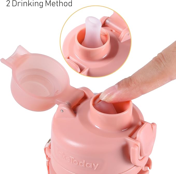 TakeToday Collapsible Water Bottles 20oz, Leak Proof, BPA-Free, Foldable Silicone Travel Water Bottle with Straw Strap for Cycling, Hiking, Outdoors