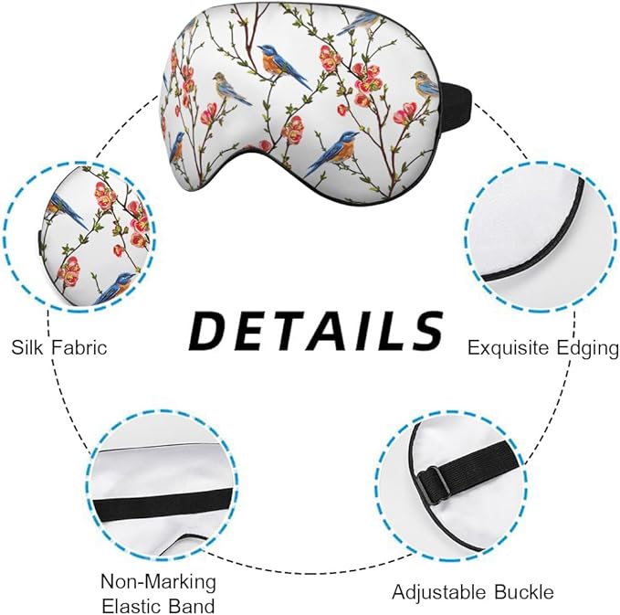 Cute Blue Birds Sleep Eye Mask Eye Cover Tree Branch Green Leaves Red Flower Silk Eye Mask for Sleeping with Adjustable Strap for Travel Nap Shift Work Office