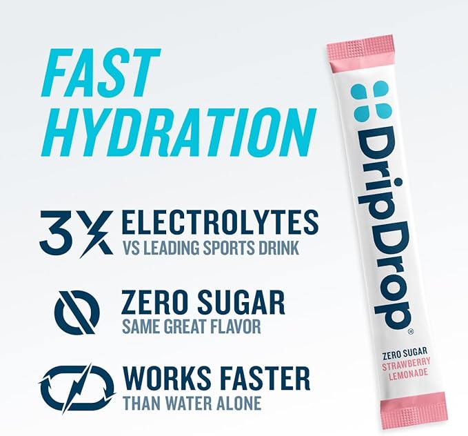DripDrop Sugar Free Hydration Packets - Zero Strawberry Lemonade - Single Serve Electrolytes Powder Drink Mix - Non-GMO, Gluten Free, Vegan - 32 Sticks