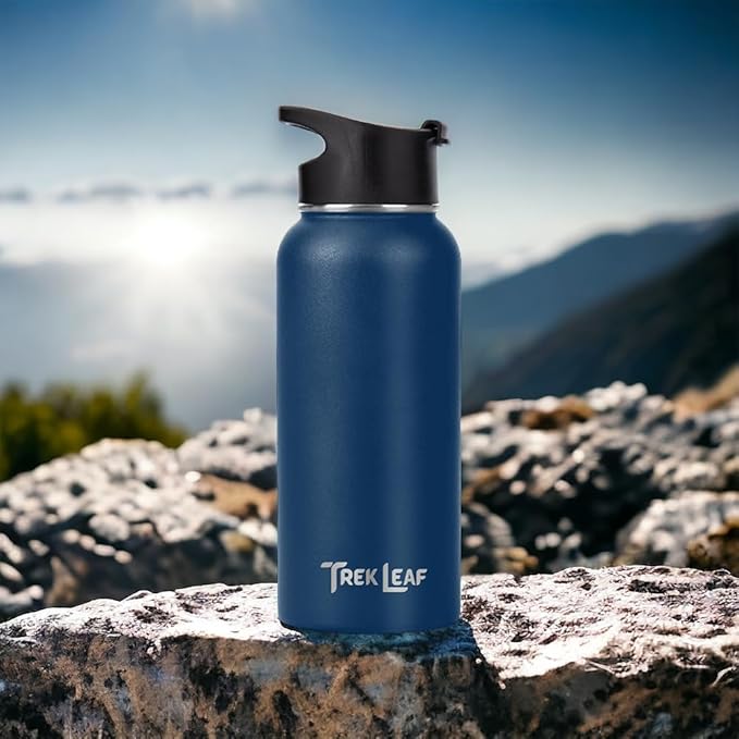 Travel Water Bottle with Carrying Bag, 3 Lids (Spout, Straw, Flip), and Bottle Brush; Leak Proof, Quality, Vacuum Insulated, Stainless Steel (Navy Blue, 32 oz)