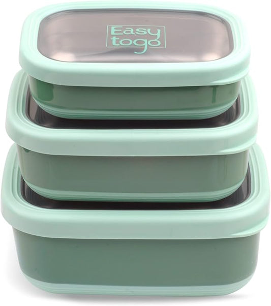 3 Pack Stainless Steel Food Containers with Silicon Lid & Non-Slip Exterior, LeakProof, Airtight Rectangular Portion Control Storage Lunch Box, Togo Lunch Containers for Adults - Green