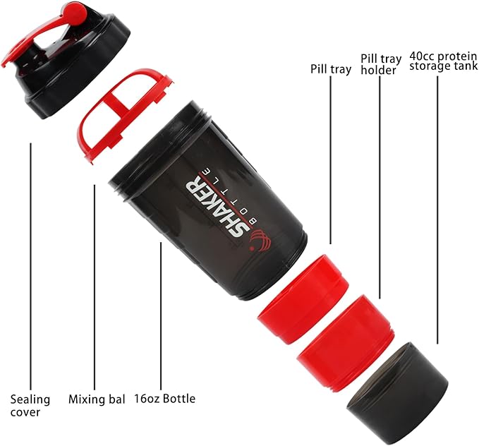Shaker Bottle,16oz Protein Shaker Bottles with Mixing Ball, 3 in 1 Leak-proof GYM Shake Cup with Powder Storage & Pill Tray, Ideal for Workout,BPA Free(Red)