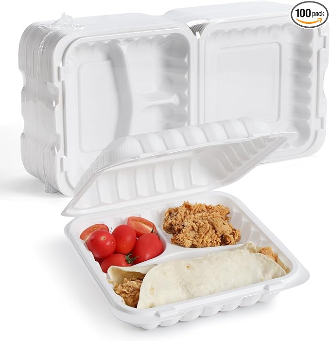 YANGRUI Food Containers 9" 41 oz 100 Pack - Mineral Filled BPA Free Polypropylene Plastic | Shrink Sealed | Reusable Dishwasher Freezer & Microwave Safe | Stackable Design 3 Compartment Takeout Boxes