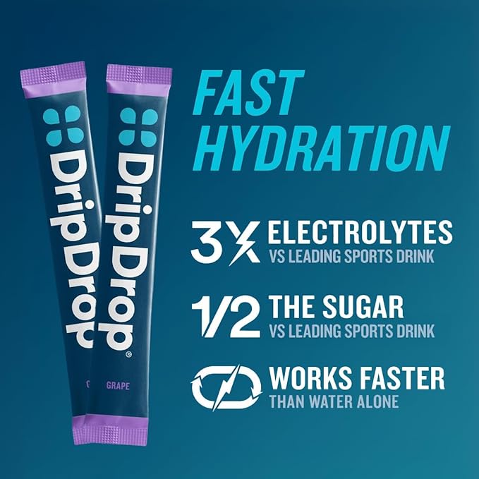 DripDrop Hydration Packets - Juicy Variety Pack - Single Serve Electrolytes Powder Drink Mix - Grape, Fruit Punch, Strawberry Lemonade, Cherry - Non-GMO, Gluten Free, Vegan - 32 Sticks