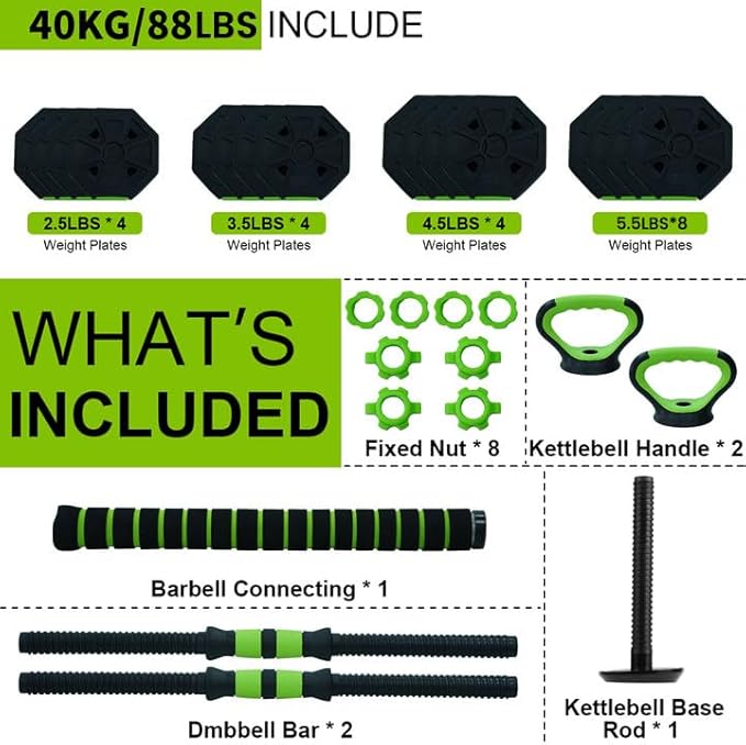 4-In-1 Adjustable Weights Dumbbell Set, Weight Set with Connector Used As Kettlebells, Barbell, Push Up Stand, Fitness Exercise Dumbbell, Free Weight Set for Home Gym