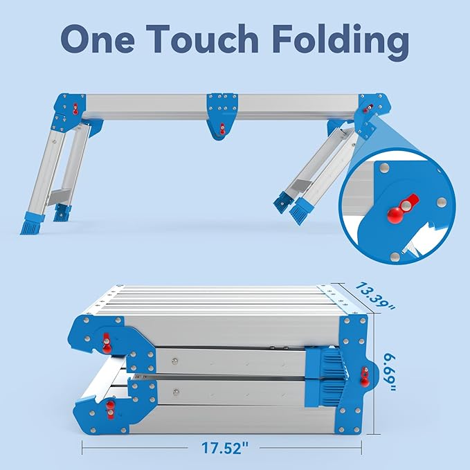 Work Platform 500 Lbs Capacity, Foldind Step Stool with One-Touch Automatic Fold, 4 Height Adjustment Step Platform, Perfect for RV Cleaning, Home Painting and Reaching High Places