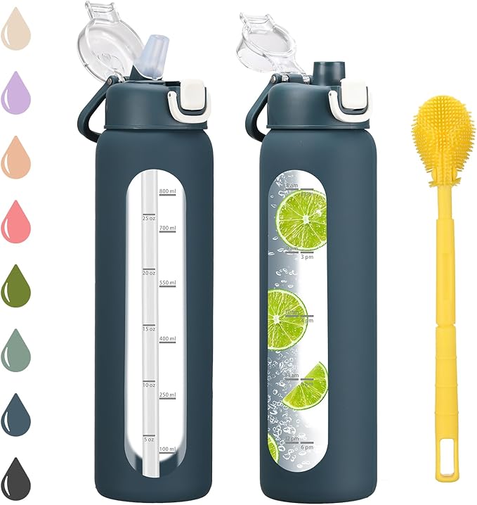 32 oz Glass Water Bottle with 2 Lids-Handle Spout Lid & Straw Lid, 1 Liter Motivational Borosilicate Water Bottle with Time Marker and Silicone Sleeve,Leakproof-Dark Blue-1 Pack