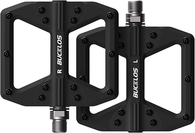 BUCKLOS MTB Flat Pedals Mountain Bike Pedals, 3 Bearings CNC Adult Road Bike Pedals, Bicycle Platform Aluminum Alloy Non-Slip Pedal for Gravel Bike/BMX 9/16"(Black)