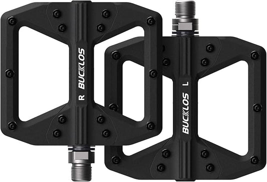 BUCKLOS MTB Flat Pedals Mountain Bike Pedals, 3 Bearings CNC Adult Road Bike Pedals, Bicycle Platform Aluminum Alloy Non-Slip Pedal for Gravel Bike/BMX 9/16"(Black)
