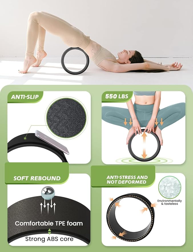 Yoga Wheel Set for Back Pain, 3 Pack Stretching Back Roller Wheel with Yoga Strap & Resistance Band, Great for Improving Flexibility & Backbend, Deep Tissue Massage, Size 13"/10.5"/6.5''