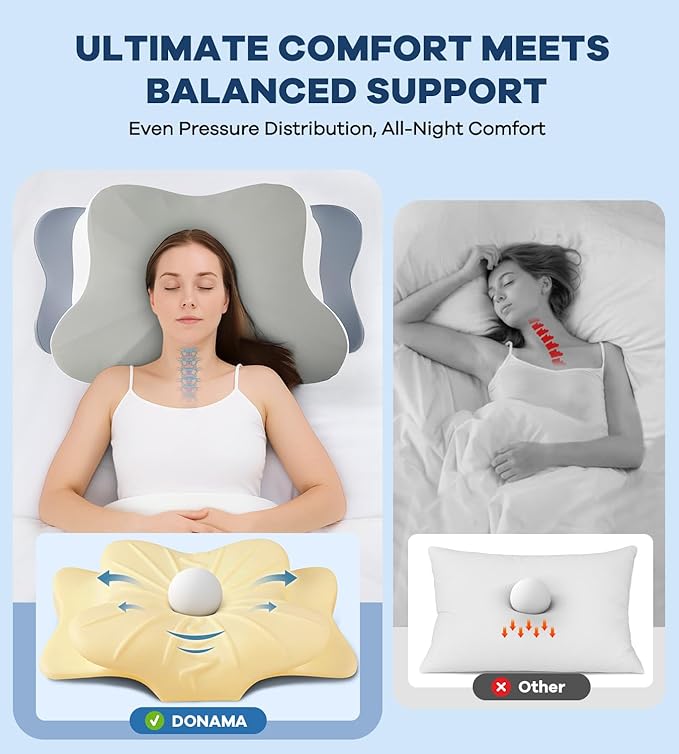 Cervical Pillow for Neck Pain Relief -Cooling Ergonomic Memory Foam Pillow with Ice Silk Pillowcase, Dual-Height Orthopedic Support Contour Pillow for Side/Back/Stomach Sleepers, CertiPUR-US Certified