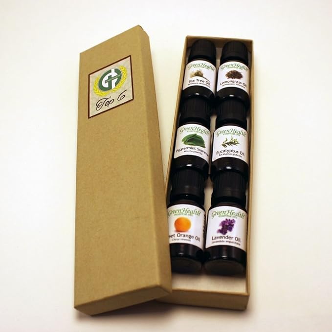 GreenHealth Top 6 Essential Oil Gift Set β 100% Pure Therapeutic Grade β Lavender, Tea Tree, Eucalyptus, Lemongrass, Sweet Orange, Peppermint β Aromatherapy & Diffuser Oils 6x10ml